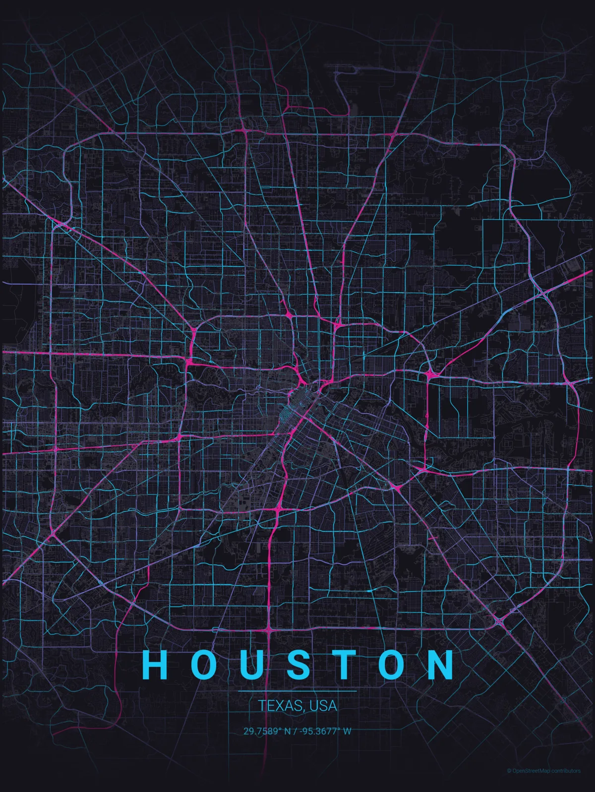 Illustrated street map of Houston in the A Better Way brand colors. A Better Way serves ten communities across the greater Houston metro area; the drawing is artwork, not a boundary.